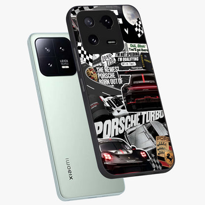 Porsche Racing Collage Glass Case displayed in angled mockup highlighting dynamic automotive design with bold racing aesthetic.