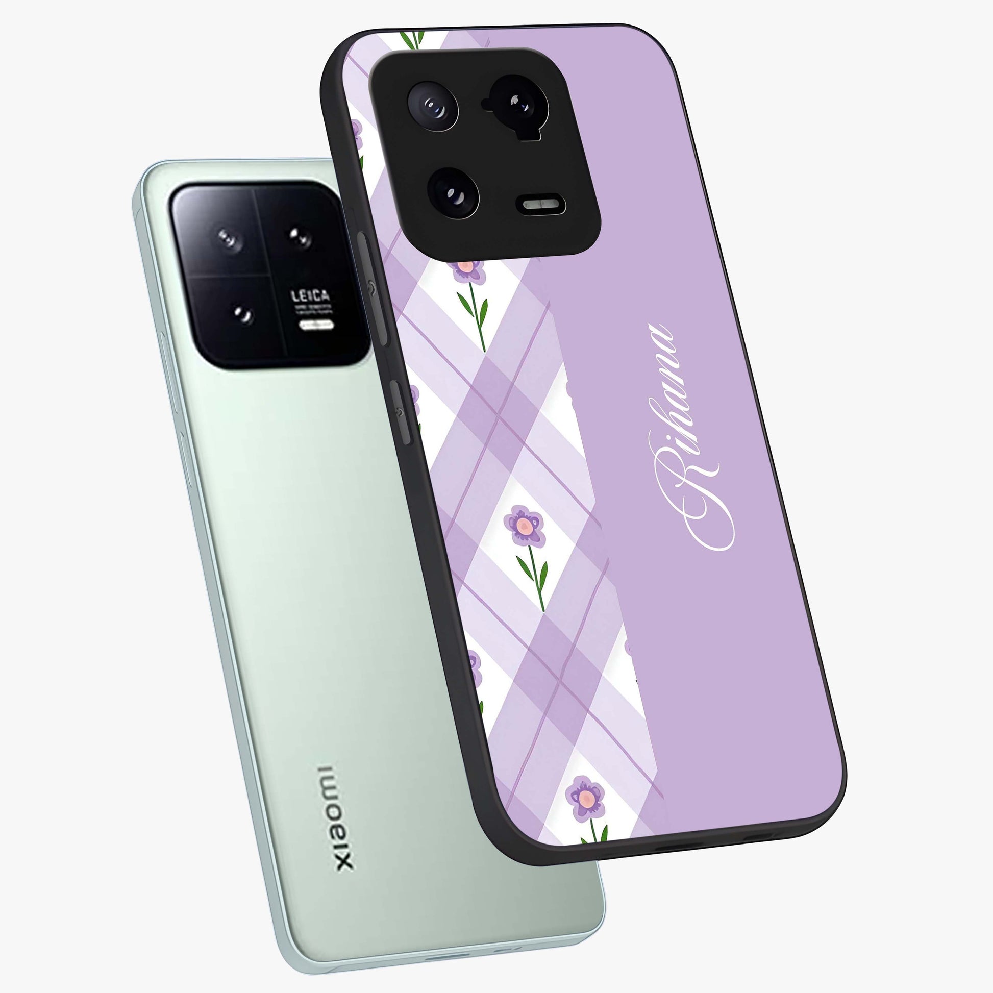 Purple Diamond Floral Glass Case displayed in angled mockup highlighting elegant purple flower design with decorative pattern.
