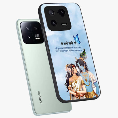 Radha Krishna Eternal Glass Case displayed in angled mockup highlighting divine Radha Krishna illustration with spiritual aesthetic.
