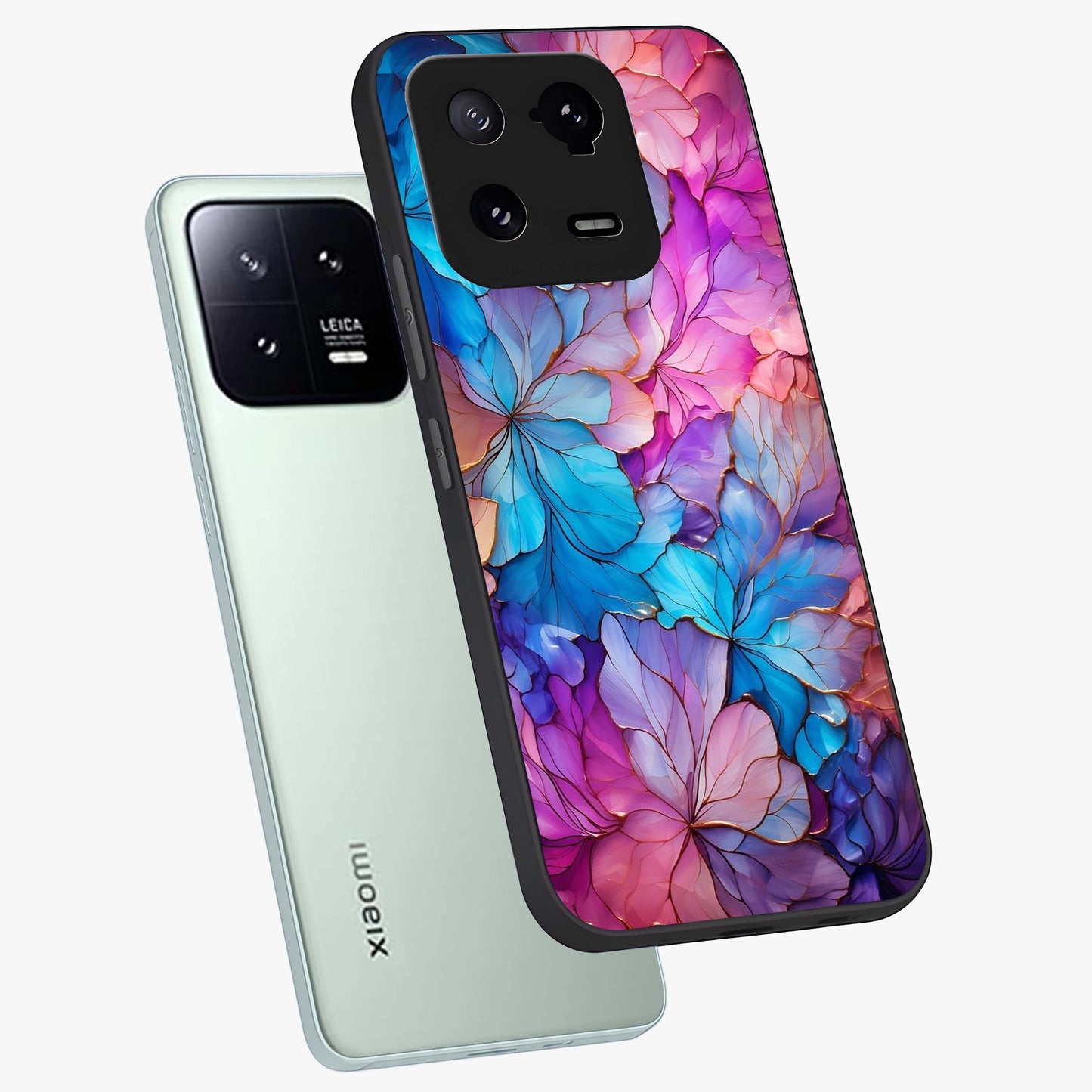 Radiant Floral Whirl Glass Case displayed in angled mockup highlighting vibrant flower pattern with dynamic artistic aesthetic.