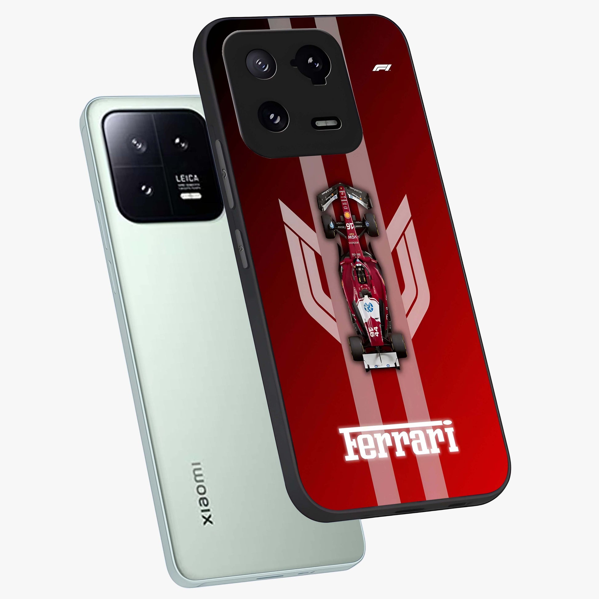 Red Ferrari F1 Vertical Glass Case displayed in angled mockup highlighting high speed racing design with bold automotive aesthetic.