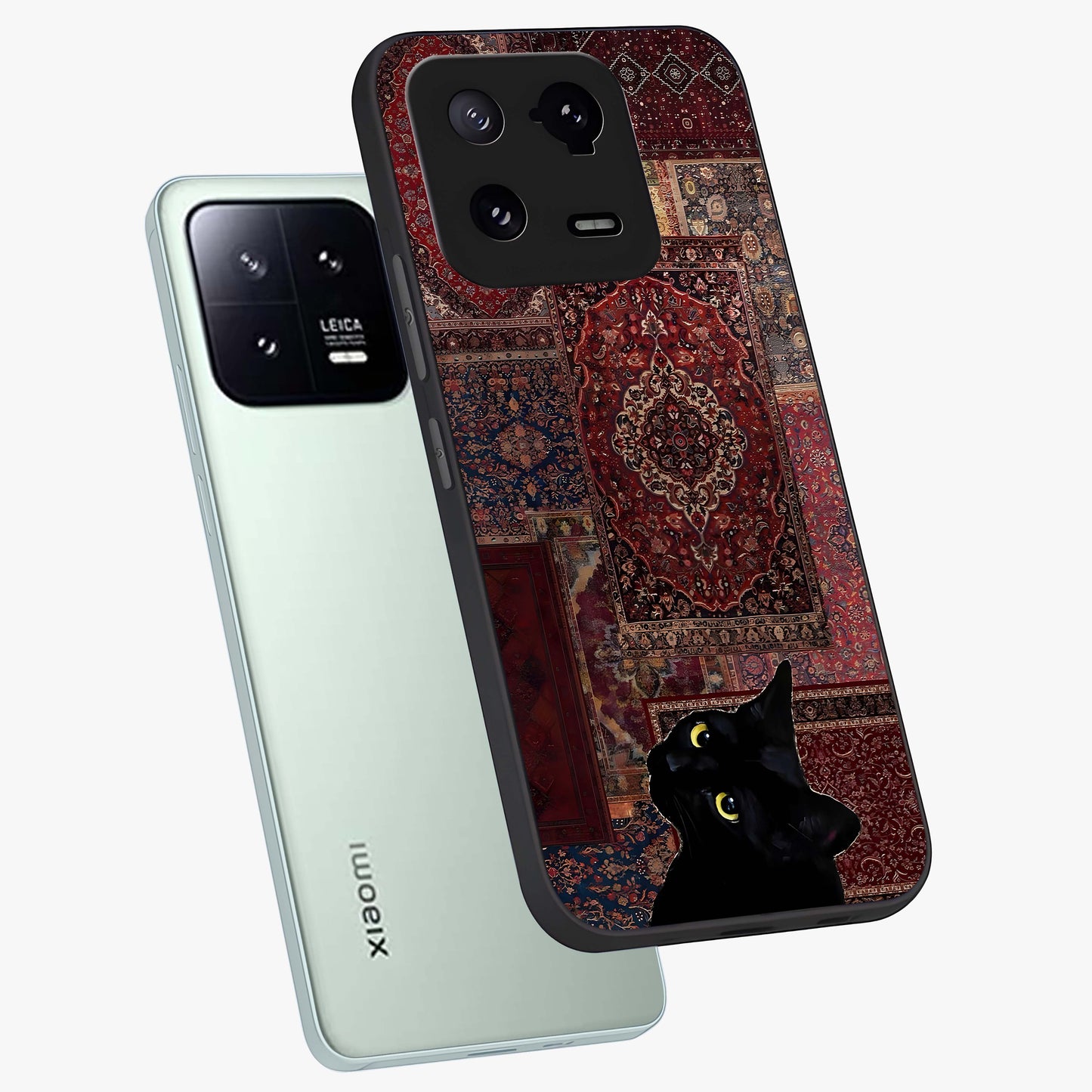 Regal Magic Cat Apple Glass Case displayed in angled mockup highlighting whimsical feline design with fantasy aesthetic.