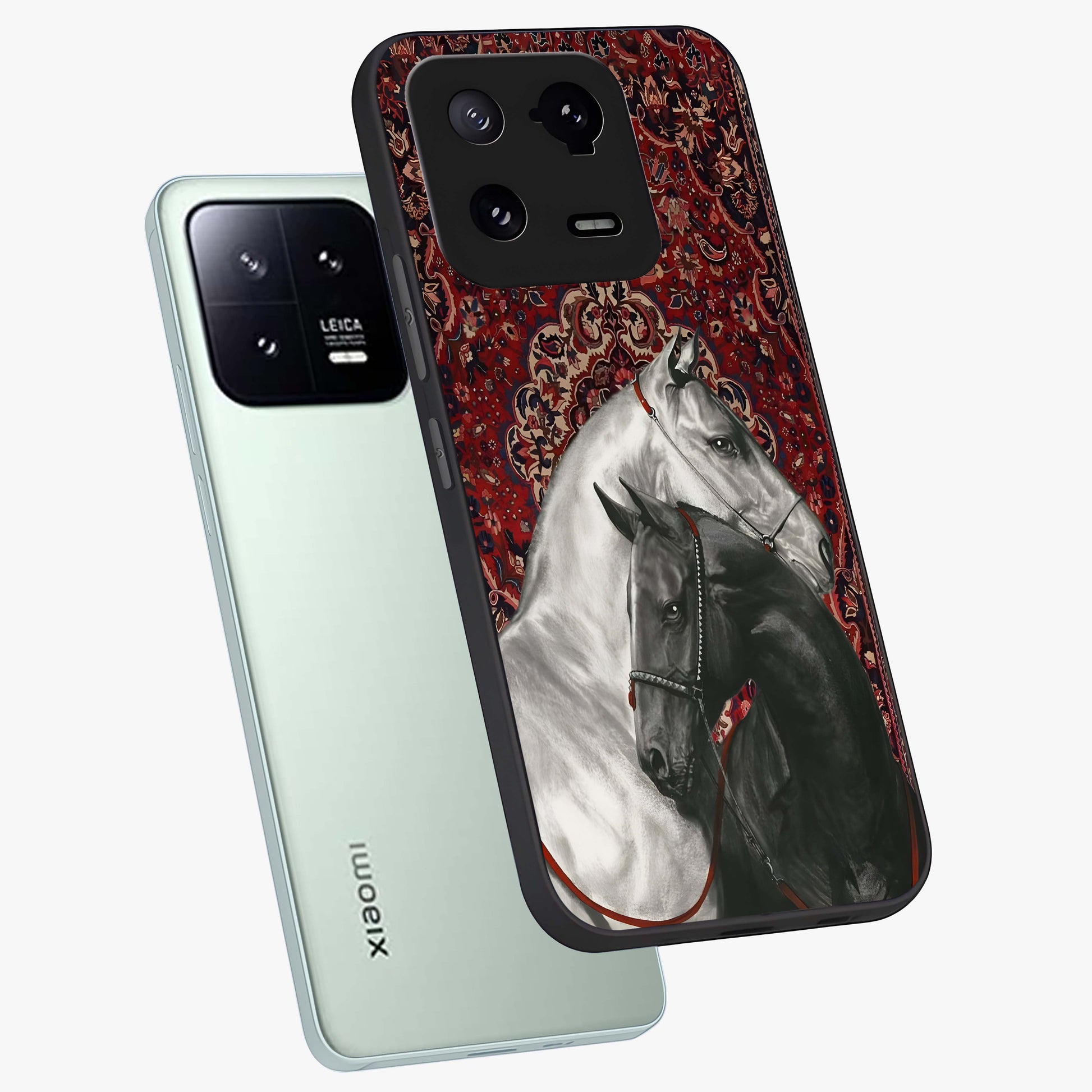 Regal Stallion Tapestry Glass Case displayed in angled mockup highlighting royal stallion design with decorative heritage aesthetic.