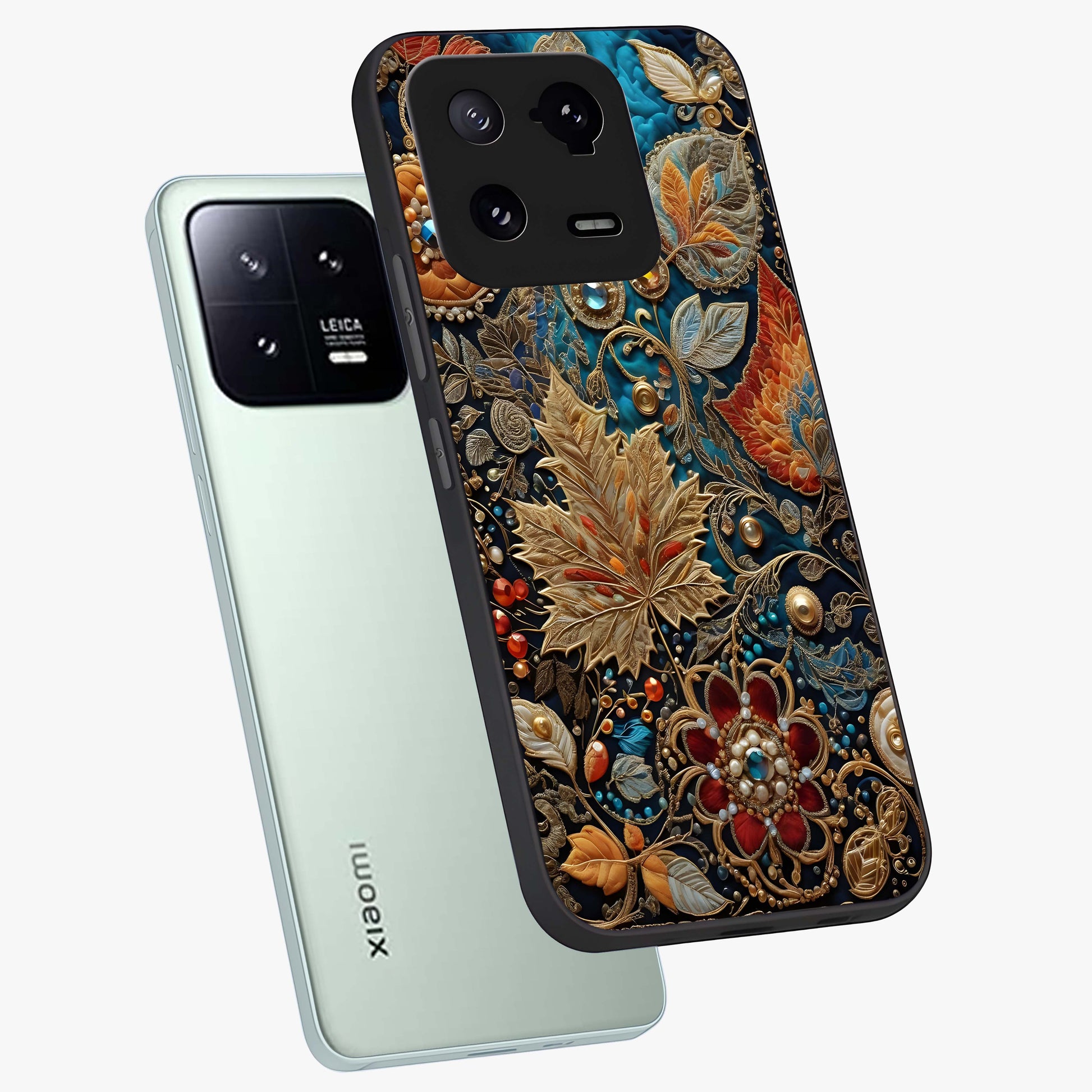 Royal Jewel Garden Glass Case displayed in angled mockup highlighting vibrant jewel inspired floral design with elegant aesthetic.