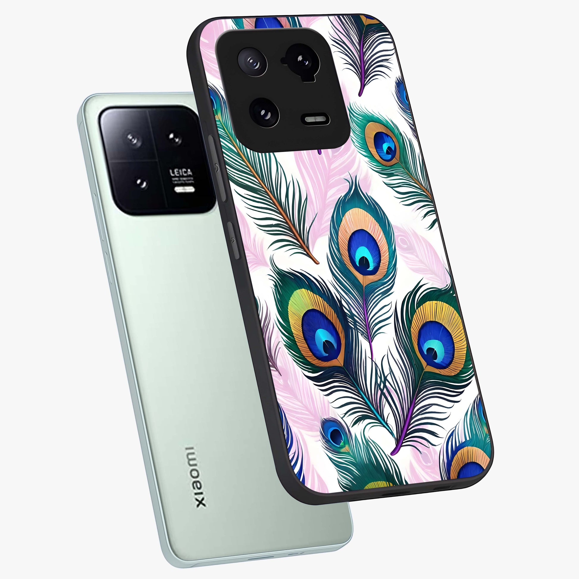 Royal Peacock Feathers Glass Case displayed in angled mockup highlighting vibrant feather pattern with regal aesthetic style.