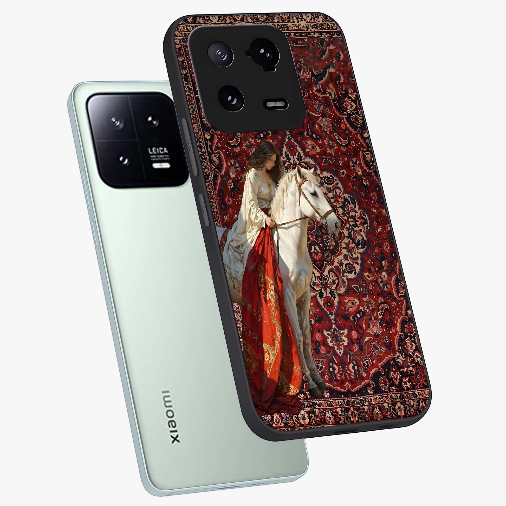 Royal Rider Tapestry Glass Case displayed in angled mockup highlighting traditional tapestry design with royal heritage aesthetic.