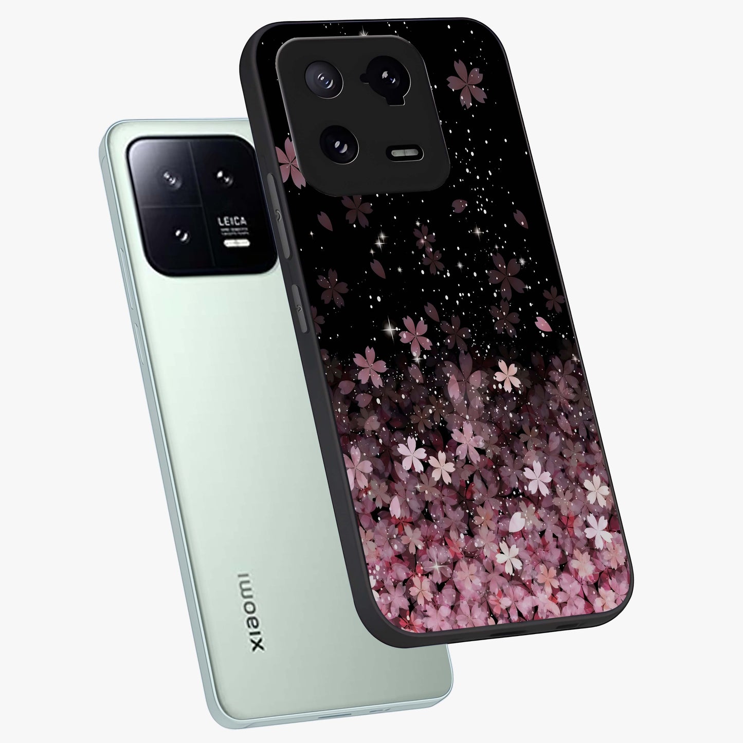 Small Starry Flowers Glass Case displayed in angled mockup highlighting tiny flower pattern with celestial aesthetic style.