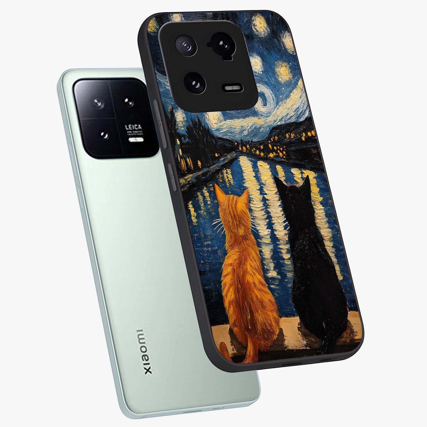 Starry River Cats Glass Case displayed in angled mockup highlighting charming feline illustration with dreamy night aesthetic.