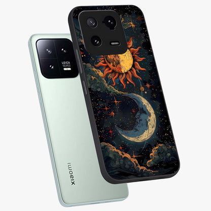 Sun And Moon Magic Design Glass Case displayed in angled mockup highlighting celestial design with magical cosmic aesthetic.