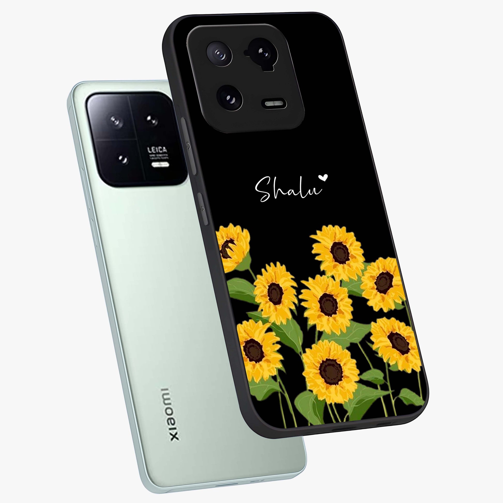 Sunflower Chic Mood Custom Name Glass Case displayed in angled mockup highlighting vibrant sunflower design with custom name feature.