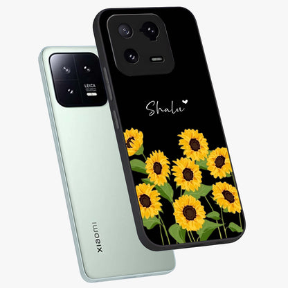 Sunflower Chic Mood Custom Name Glass Case displayed in angled mockup highlighting vibrant sunflower design with custom name feature.