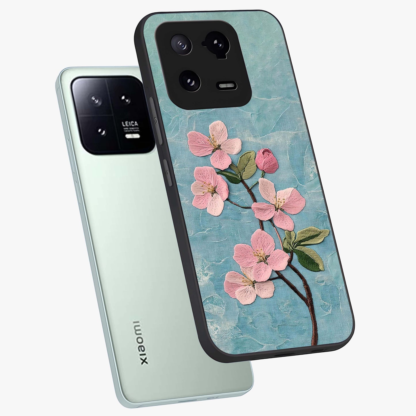 Threaded Blossom Breeze Glass Case displayed in angled mockup highlighting elegant floral design with soft aesthetic style.