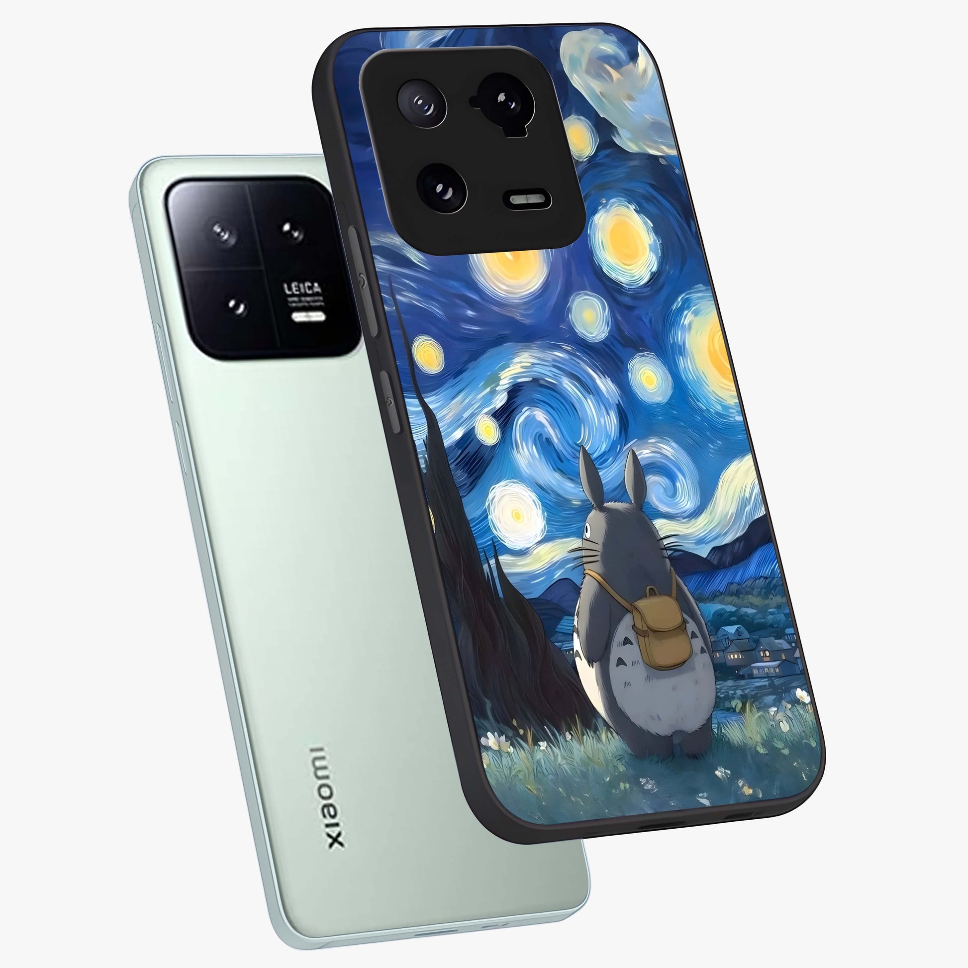 Totoro In Van Gogh Art Glass Case displayed in angled mockup highlighting artistic swirling sky design with playful animation aesthetic.