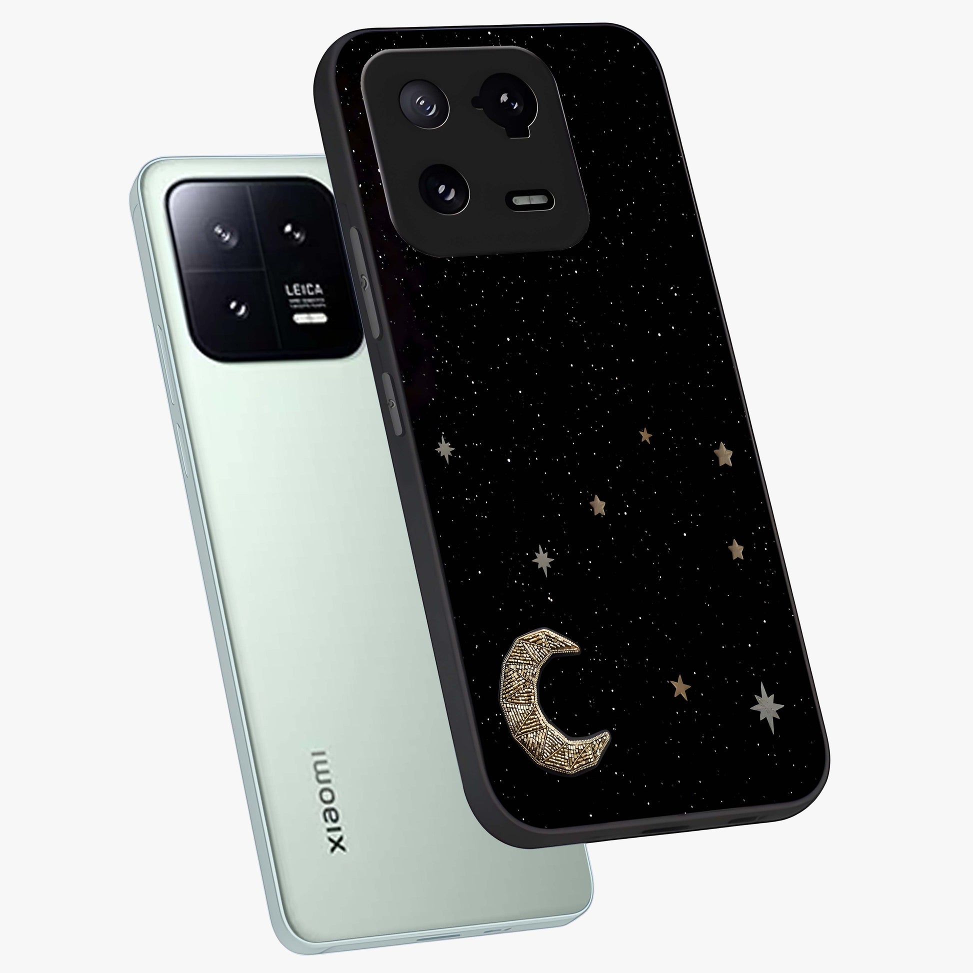 Twinkle Star With Half Moon Glass Case displayed in angled mockup highlighting celestial moon and star design with magical aesthetic.