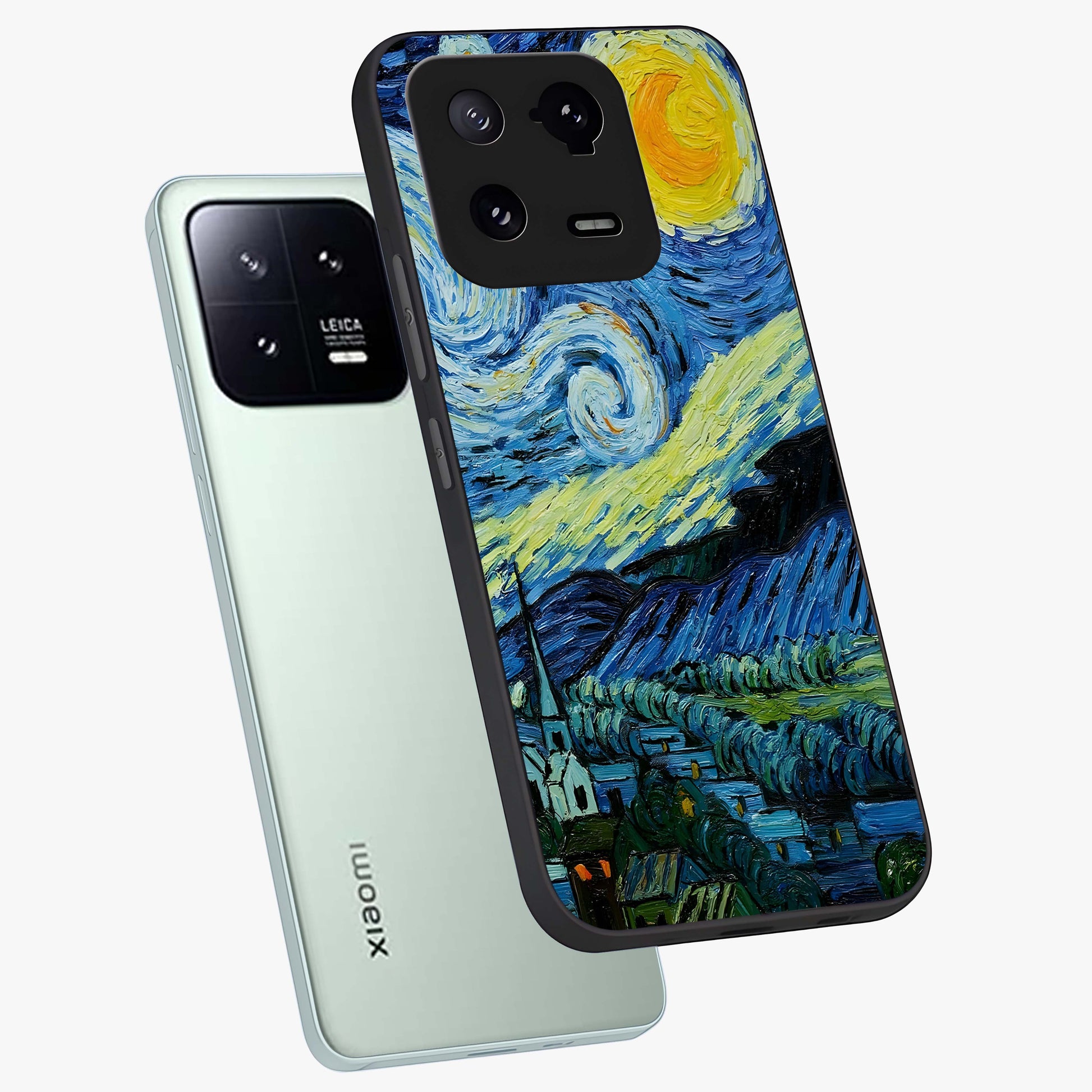 Van Gogh Art Glass Case displayed in angled mockup highlighting swirling brushstroke design with artistic aesthetic.