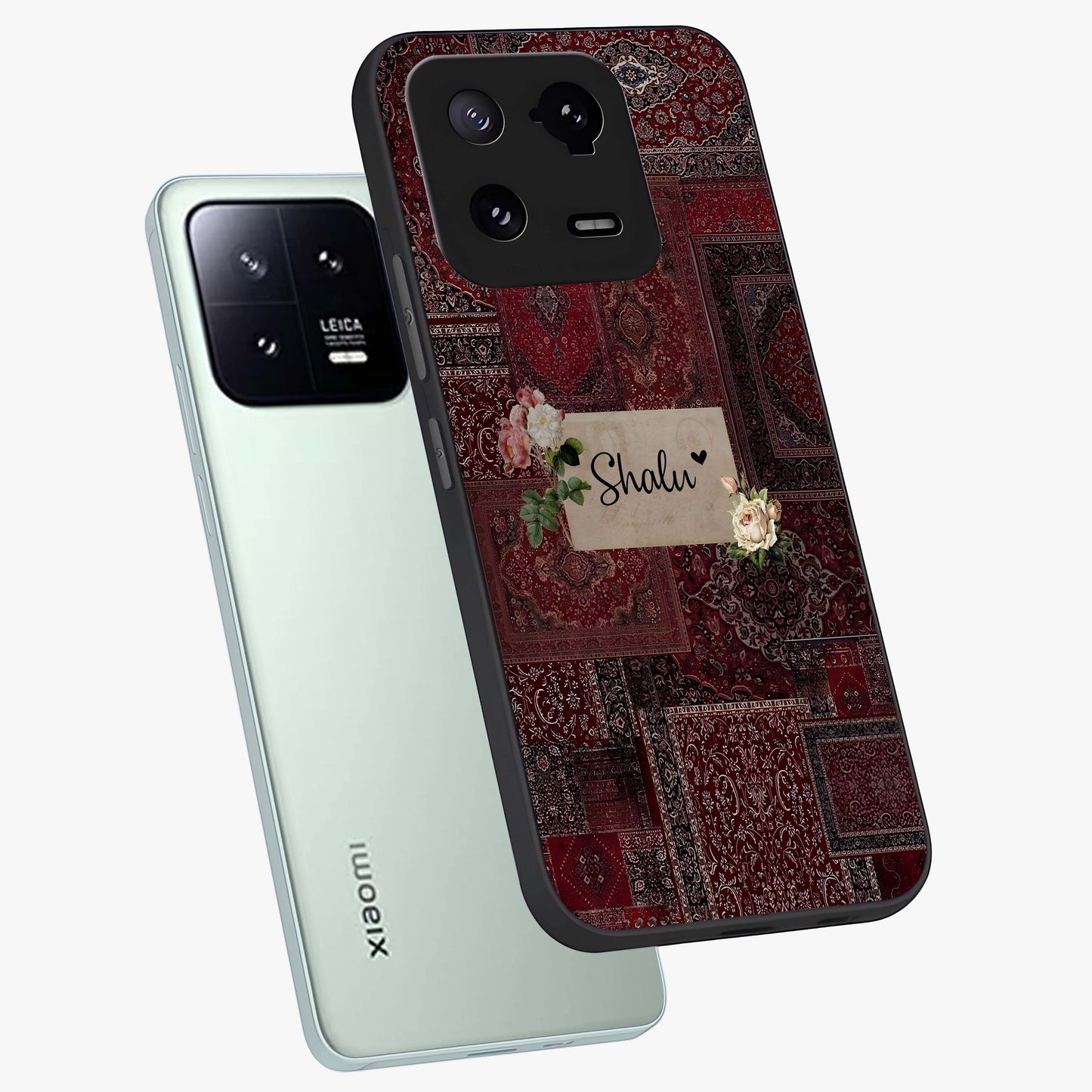 Velvet Wine Pattern Custom Name Glass Case displayed in angled mockup highlighting decorative velvet inspired design with custom name feature.