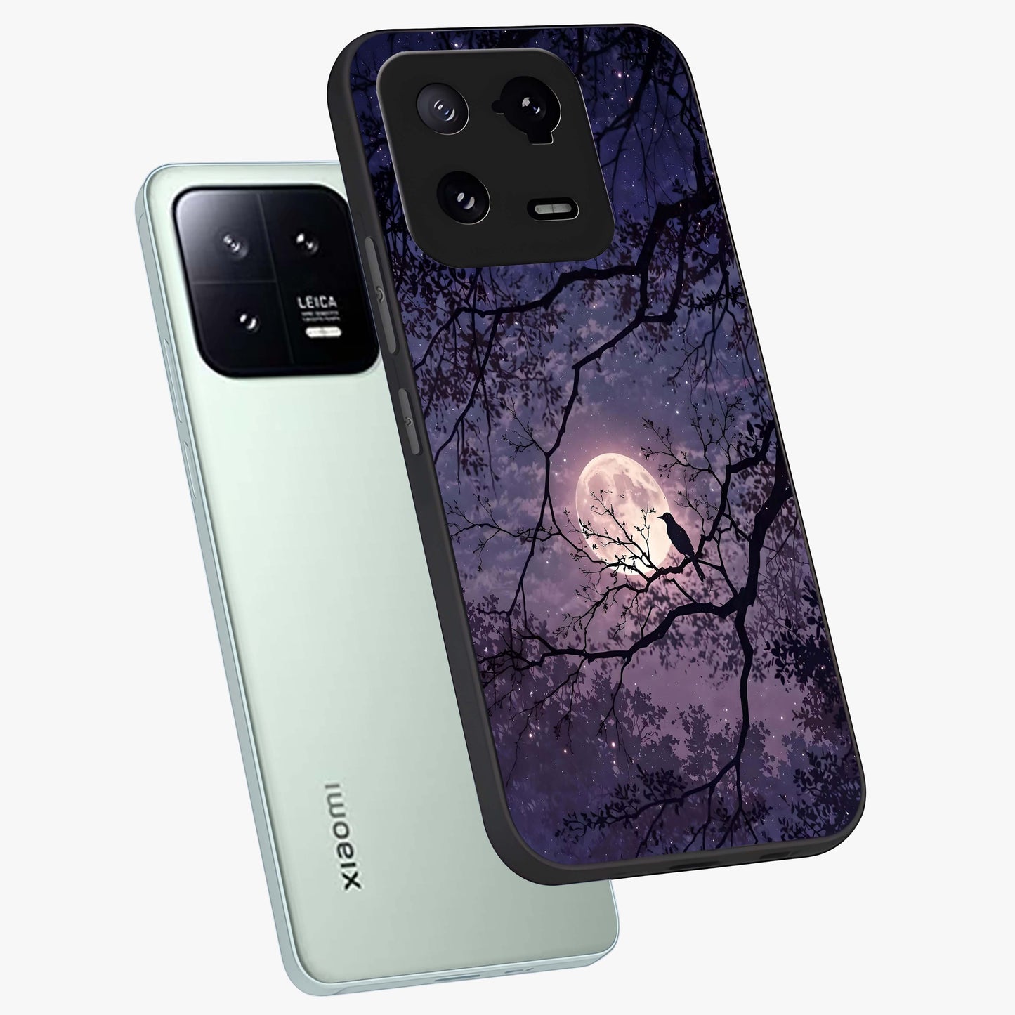 Whispering Moon Silence Glass Case displayed in angled mockup highlighting calm lunar design with dreamy night aesthetic.