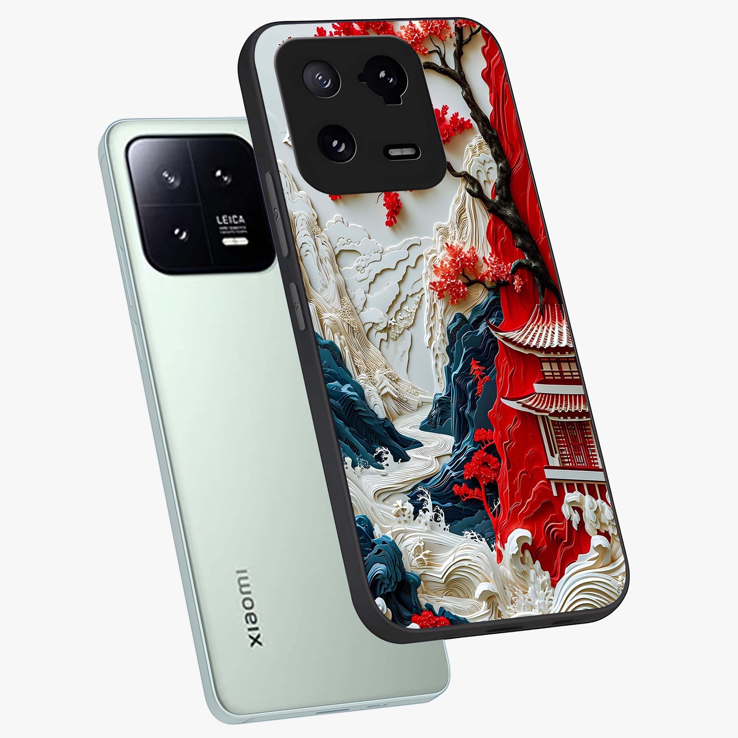 Whispers Of Sakura Waves Glass Case displayed in angled mockup highlighting flowing sakura design with soft floral aesthetic.