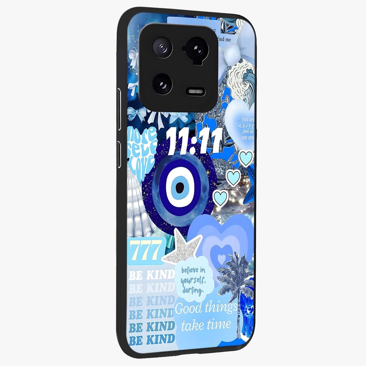 Aesthetic Be Kind Eye Glass Case upright view showcasing stylish eye illustration with positive message theme.