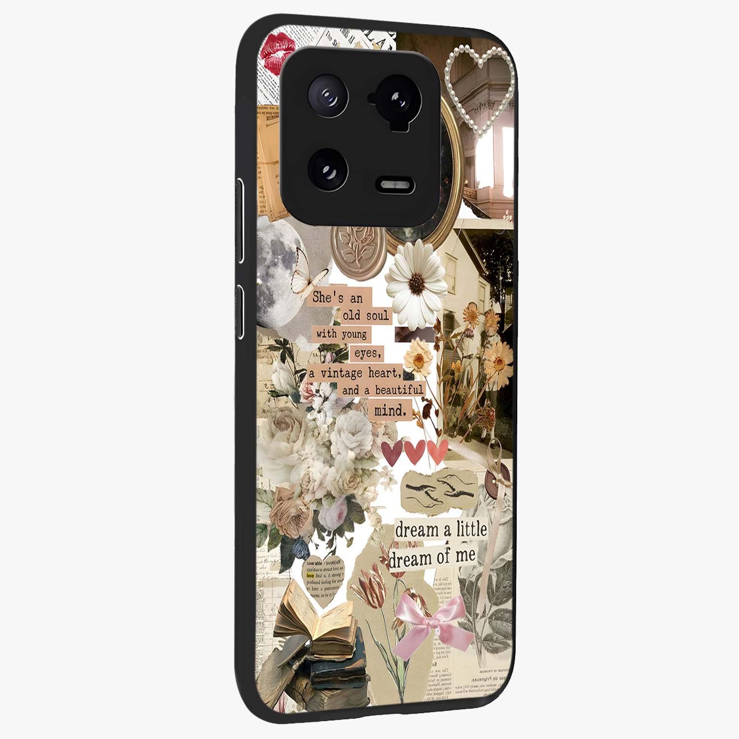 Aesthetic Brown Vintage Collage Glass Case upright view showcasing nostalgic retro artwork with stylish vintage theme.