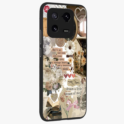 Aesthetic Brown Vintage Collage Glass Case upright view showcasing nostalgic retro artwork with stylish vintage theme.