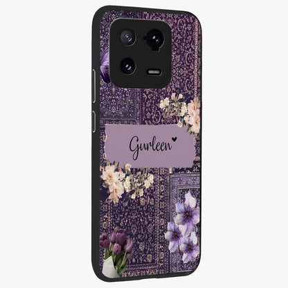 Antique Floral Whisper Custom Name Glass Case upright view showcasing delicate floral artwork with custom name feature.