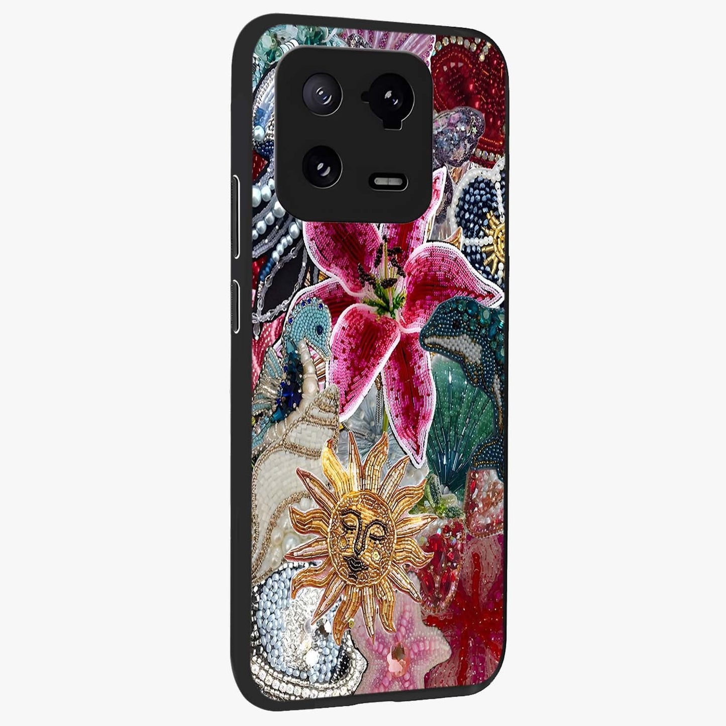 Beaded Garden Fantasy Glass Case upright view showcasing whimsical garden aesthetic with artistic bead details.