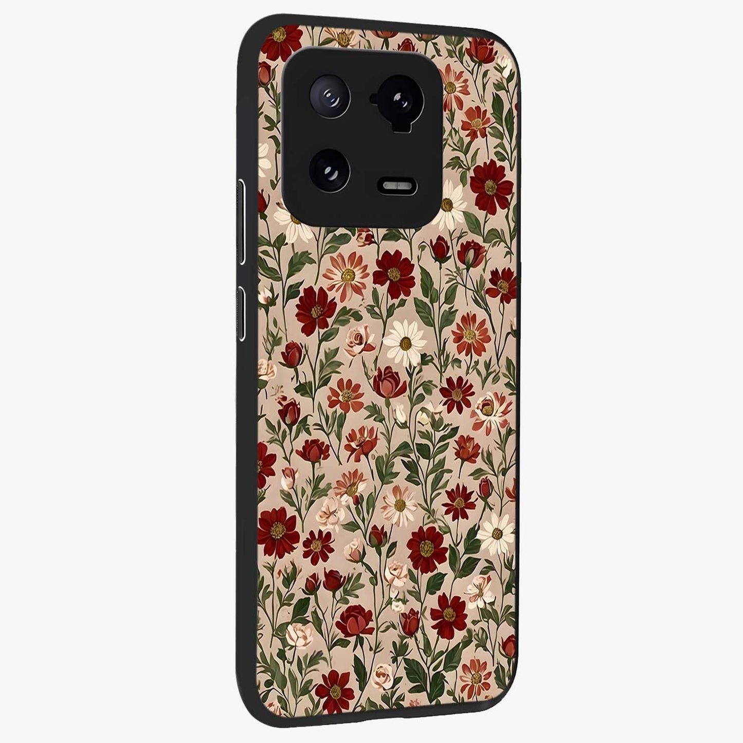 Biege Flower With Leaf Glass Case upright view showcasing delicate beige flower illustration with clean botanical style.