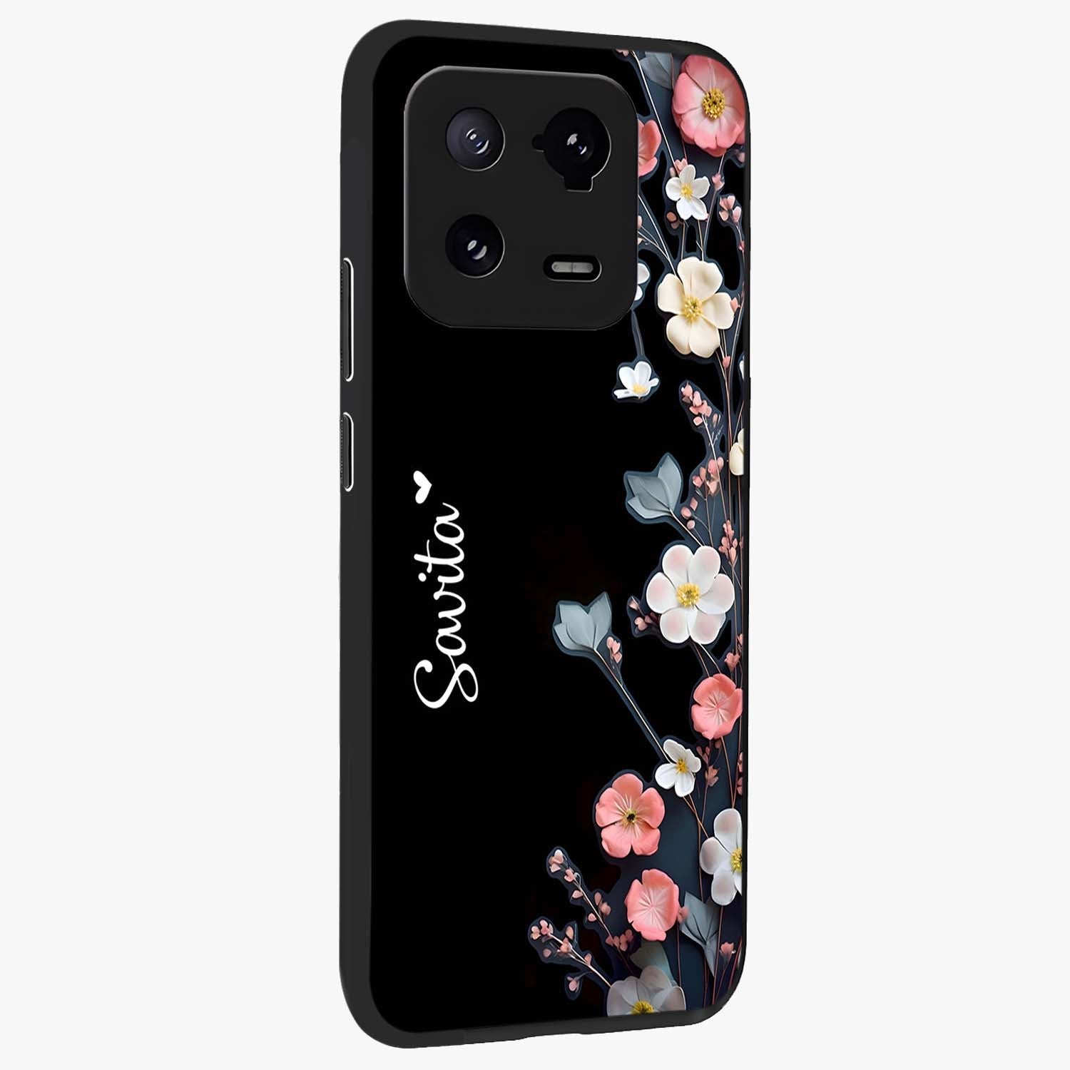 Black Elegance Floral Custom Name Glass Case upright view showcasing luxurious black floral design with personalized name detail.