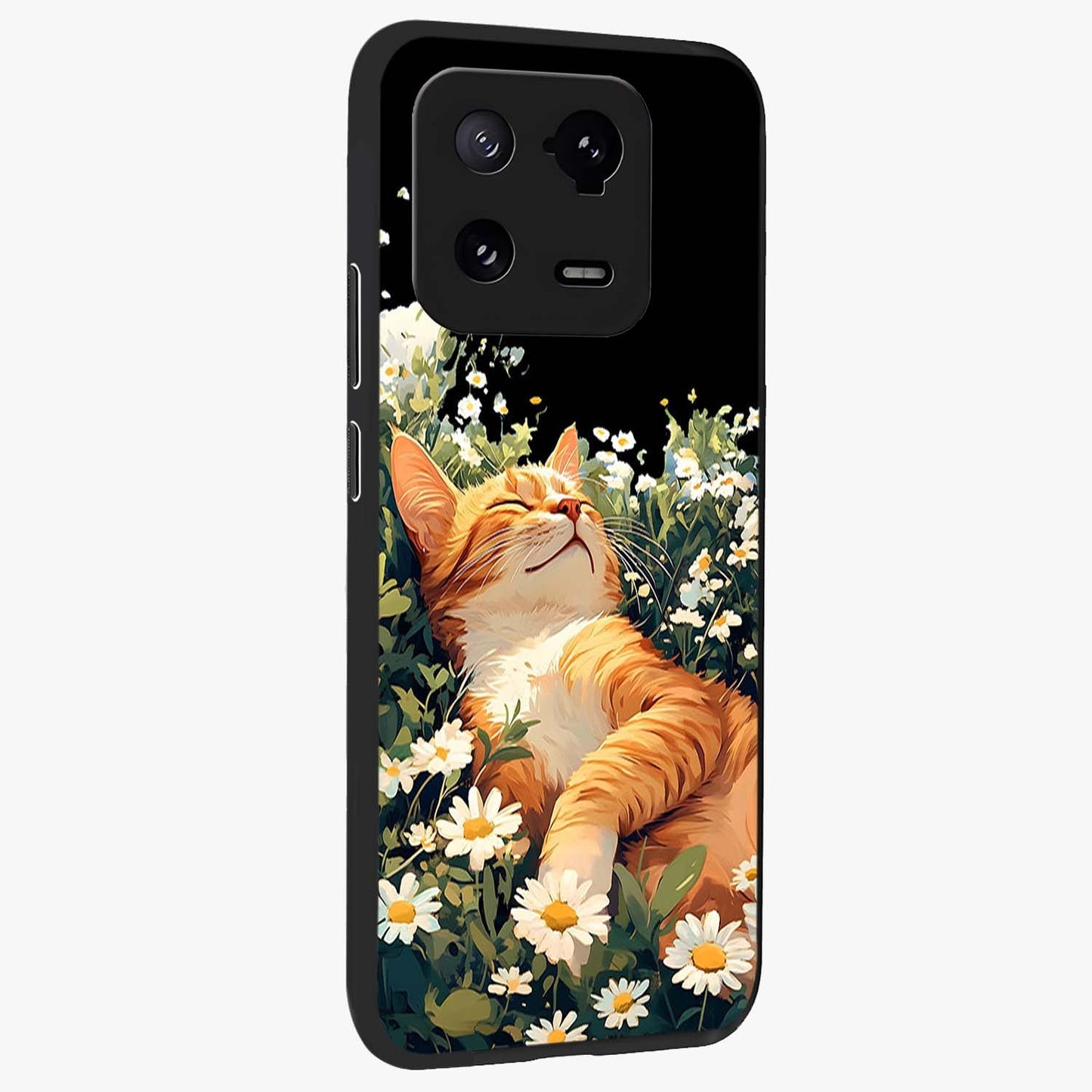 Blissful Bloom Cat Glass Case upright view showcasing charming cat design surrounded by blooming floral elements.