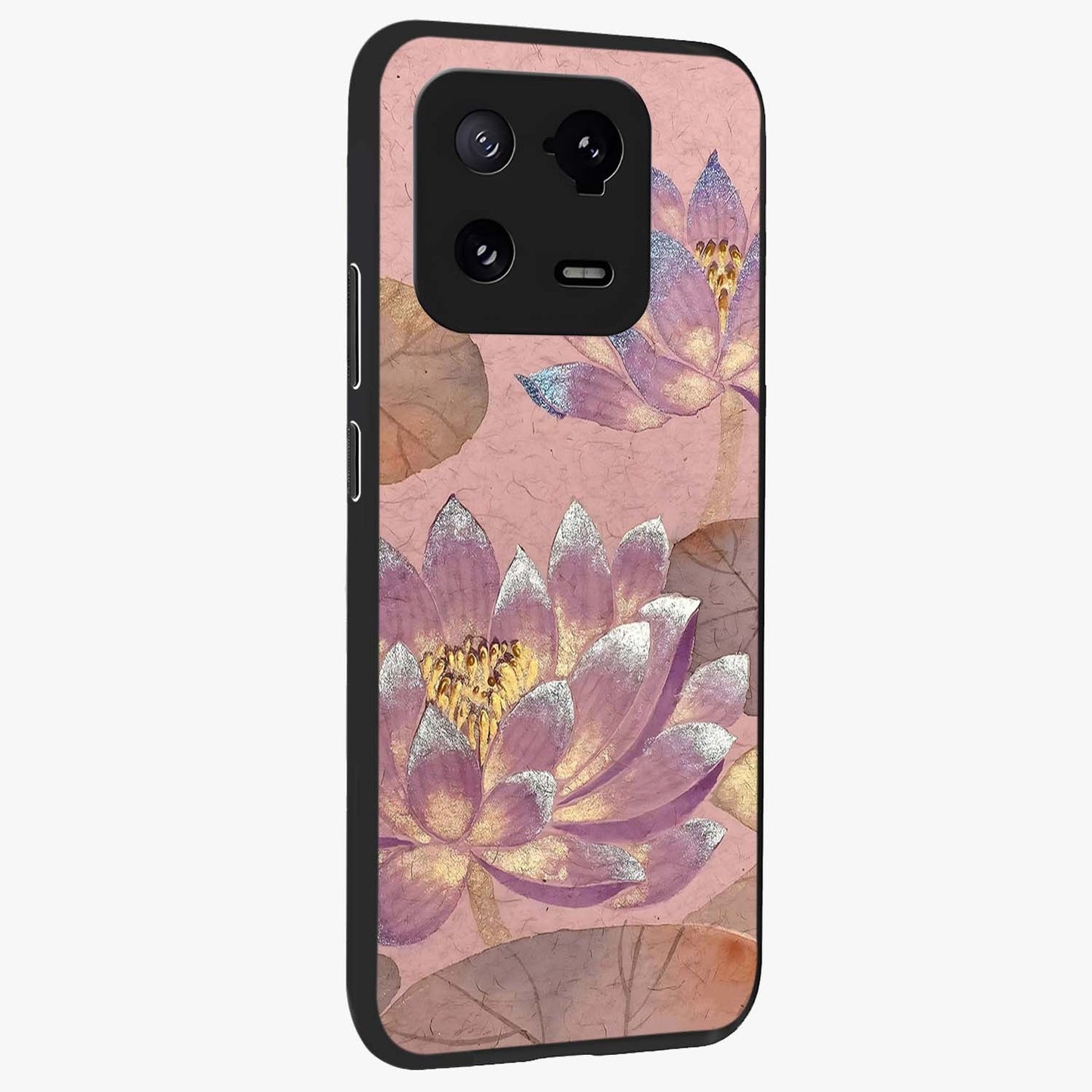 Blossom Mist Lotus Glass Case upright view showcasing graceful lotus flower design with peaceful botanical style.