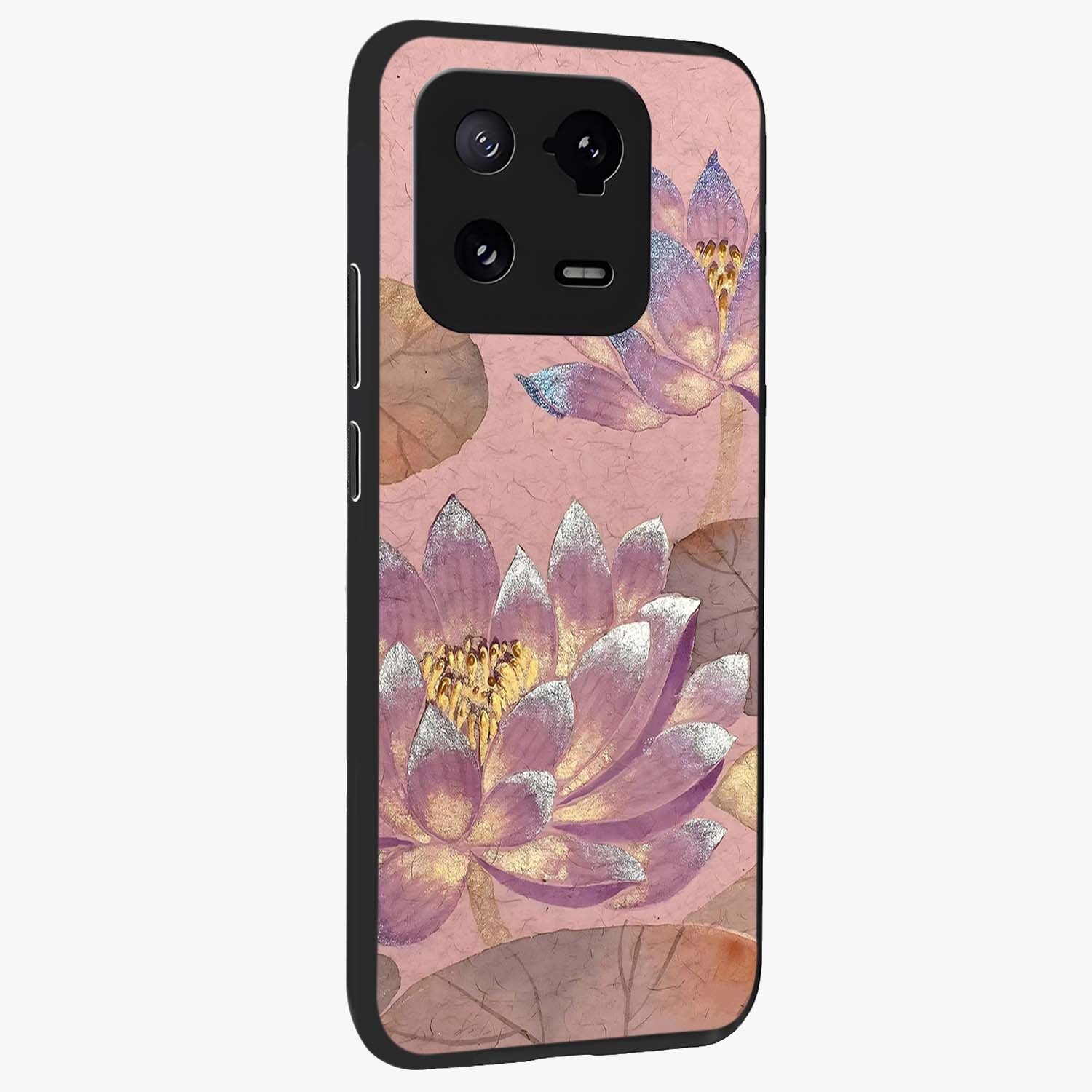 Blossom Mist Lotus Glass Case upright view showcasing graceful lotus flower design with peaceful botanical style.