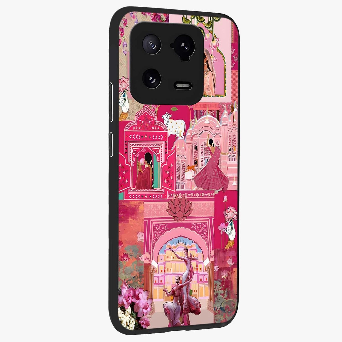 Blossoms of Rajasthan Glass Case upright view showcasing colorful floral design inspired by traditional Indian art.