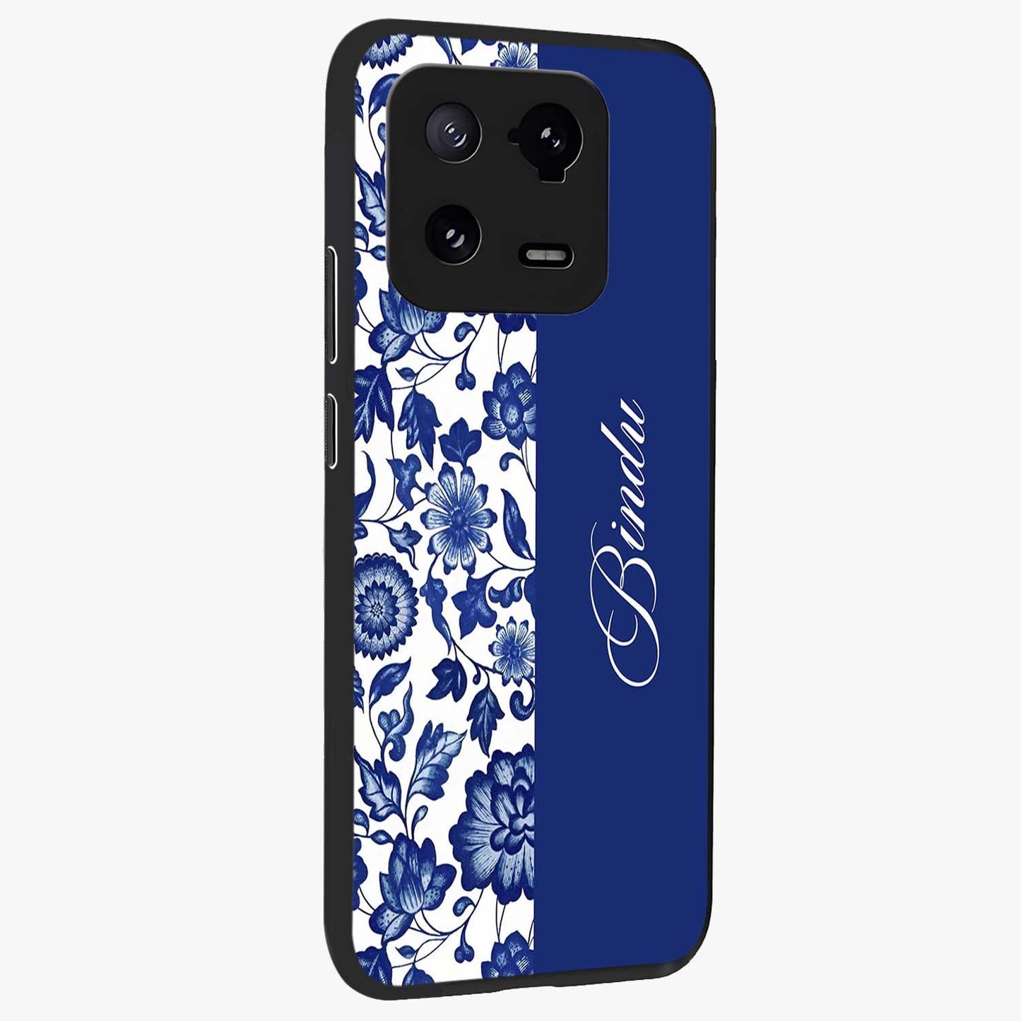 Blue Vintage Floral Pattern Glass Case upright view showcasing delicate blush floral texture with modern minimal style.
