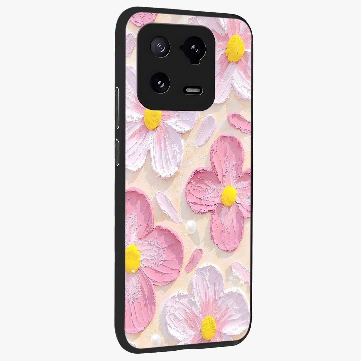 Blush Bloom Texture Glass Case upright view showcasing delicate blush floral texture with modern minimal style.