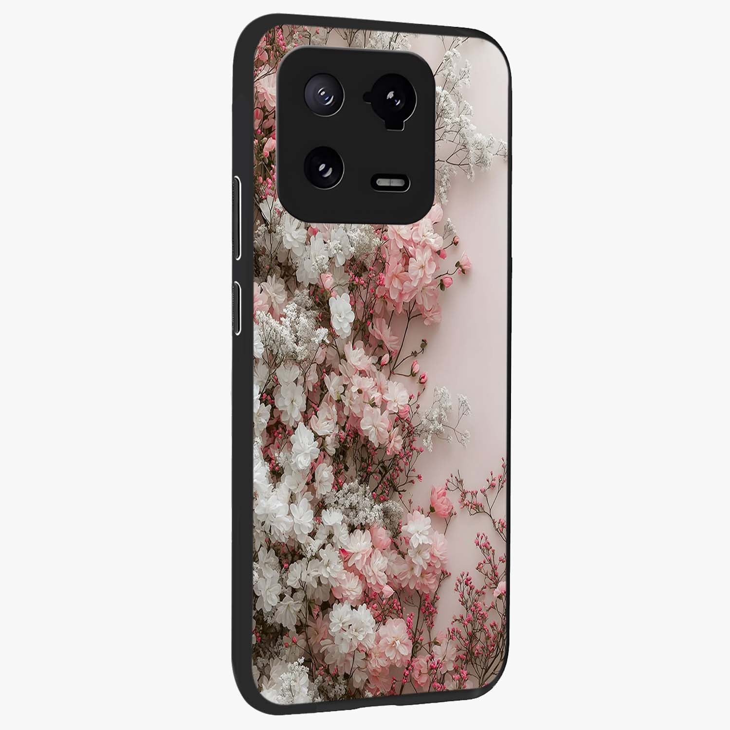 Blush Blossom Cloud Glass Case upright view showcasing calm floral cloud artwork with gentle dreamy theme.