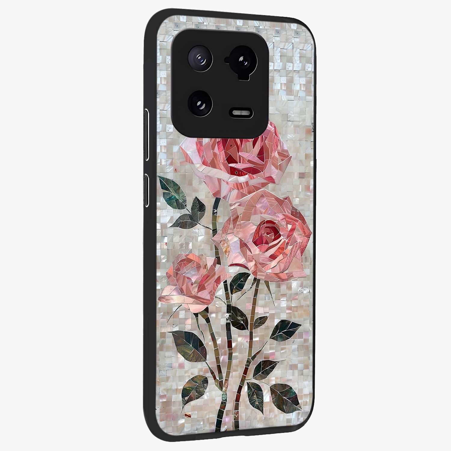 Blush Mosaic Bloom Glass Case upright view showcasing decorative floral mosaic artwork with stylish modern aesthetic.