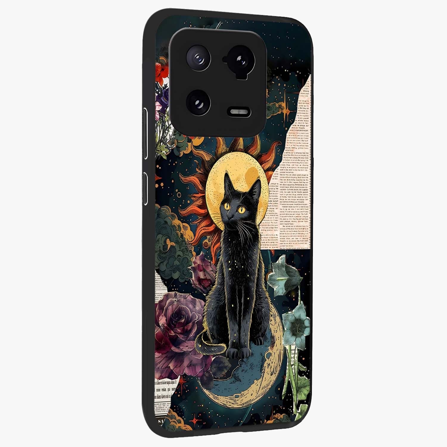 Celestial Black Cat Glass Case upright view showcasing magical black cat illustration with starry cosmic theme.
