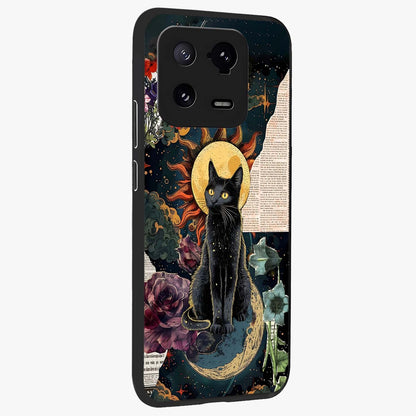 Celestial Black Cat Glass Case upright view showcasing magical black cat illustration with starry cosmic theme.
