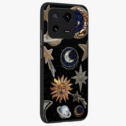 Celestial Gem Constellations Glass Case upright view showcasing cosmic constellation artwork with celestial aesthetic style.