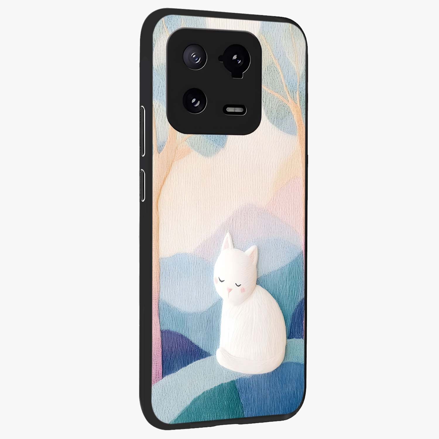 Cotton Dream Cat Glass Case upright view showcasing charming cat artwork with cozy dreamy theme.