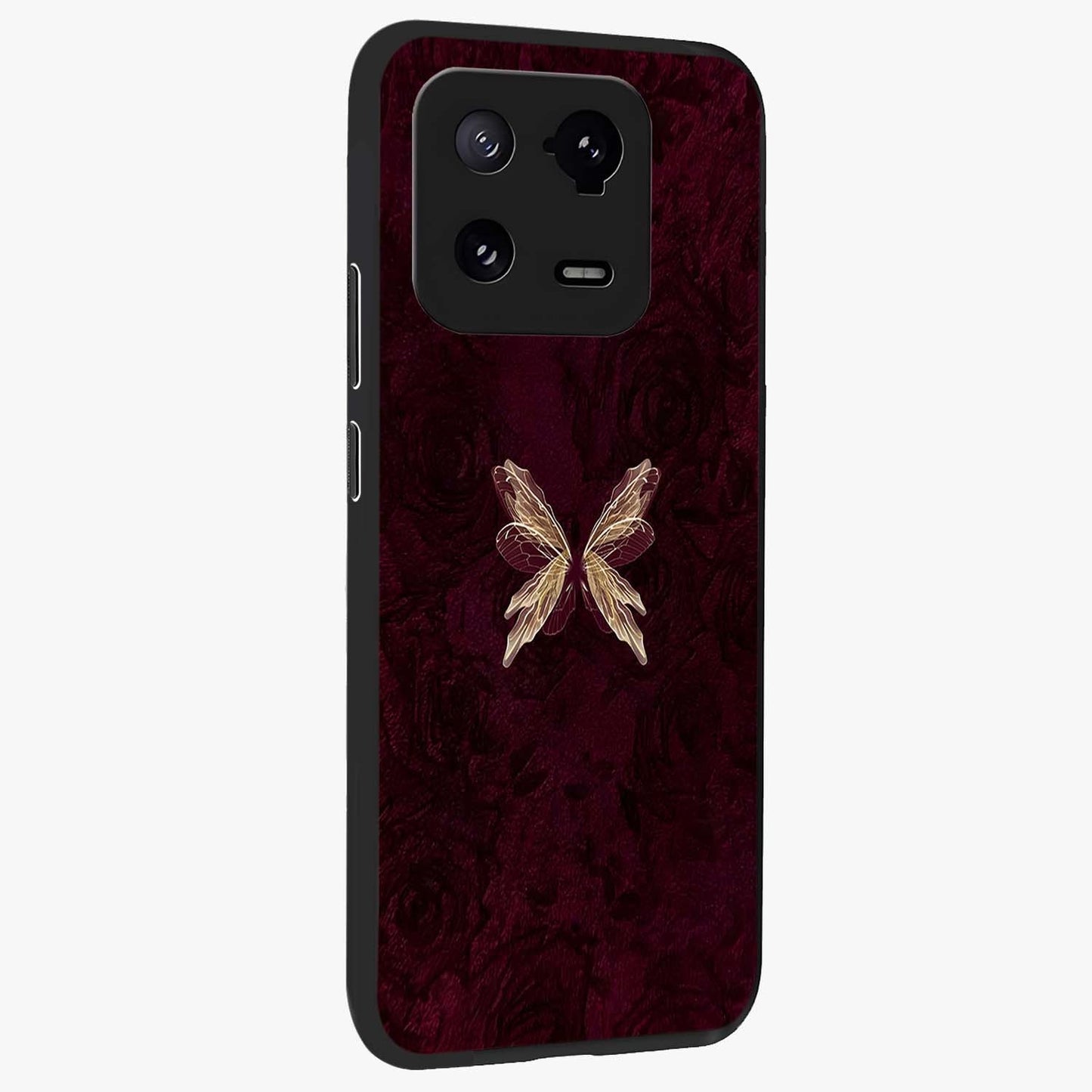 Crimson Fade Butterfly Glass Case upright view showcasing graceful butterfly artwork with soft crimson fade effect.