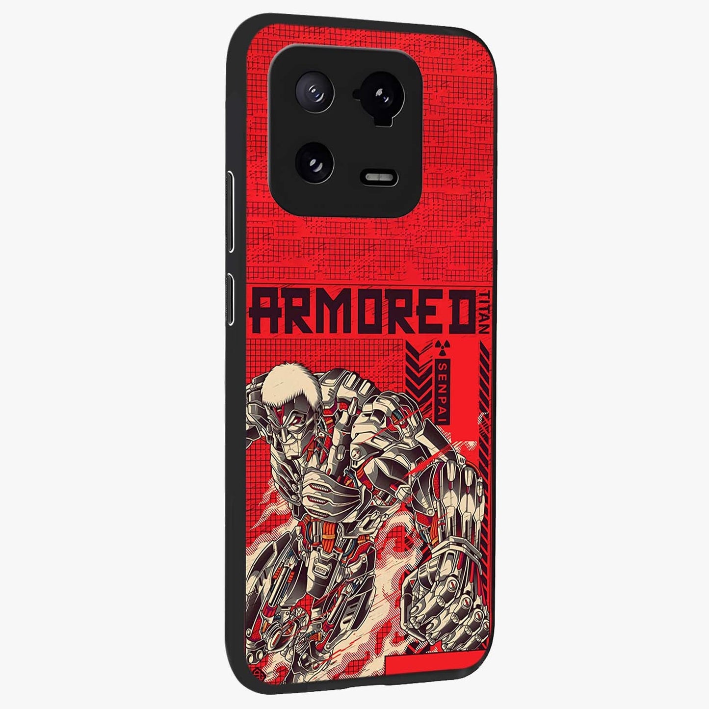 Crimson Mecha Titan Glass Case upright view showcasing dynamic robotic titan design with sci-fi inspired theme.
