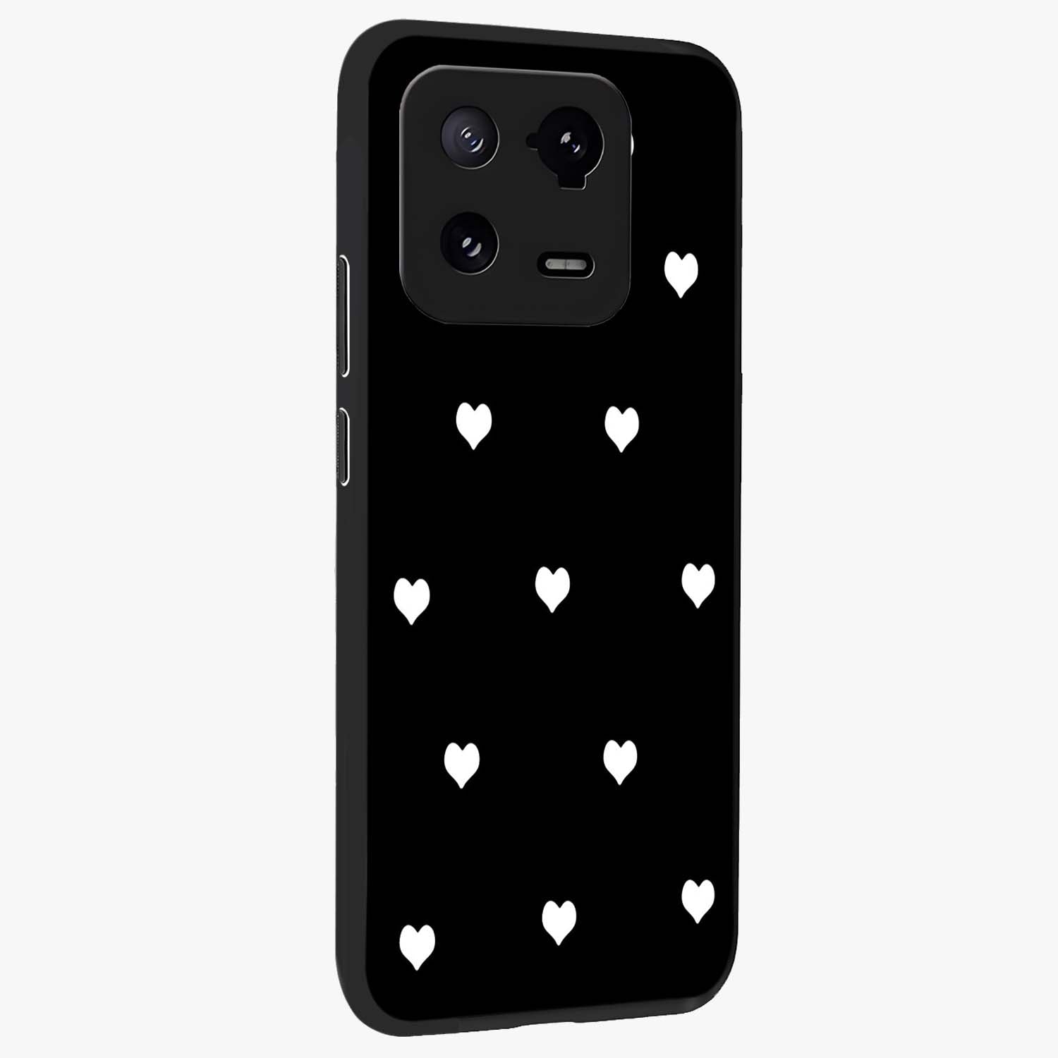 Cute And Simple White Hearts Glass Case upright view showcasing simple white hearts artwork with soft minimal theme.