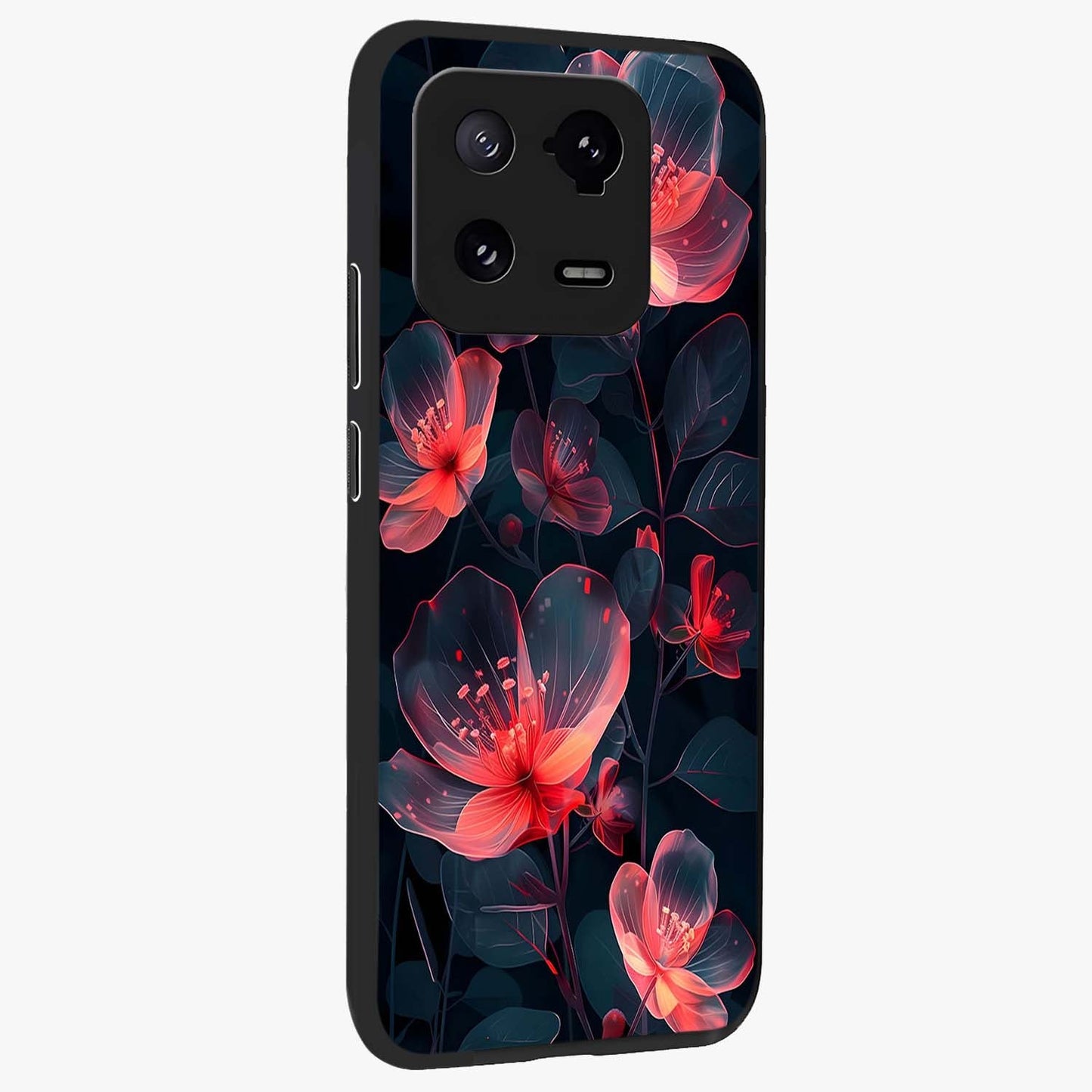 Dark Shade of Flower Glass Case upright view showcasing delicate flower artwork with rich dark floral theme.