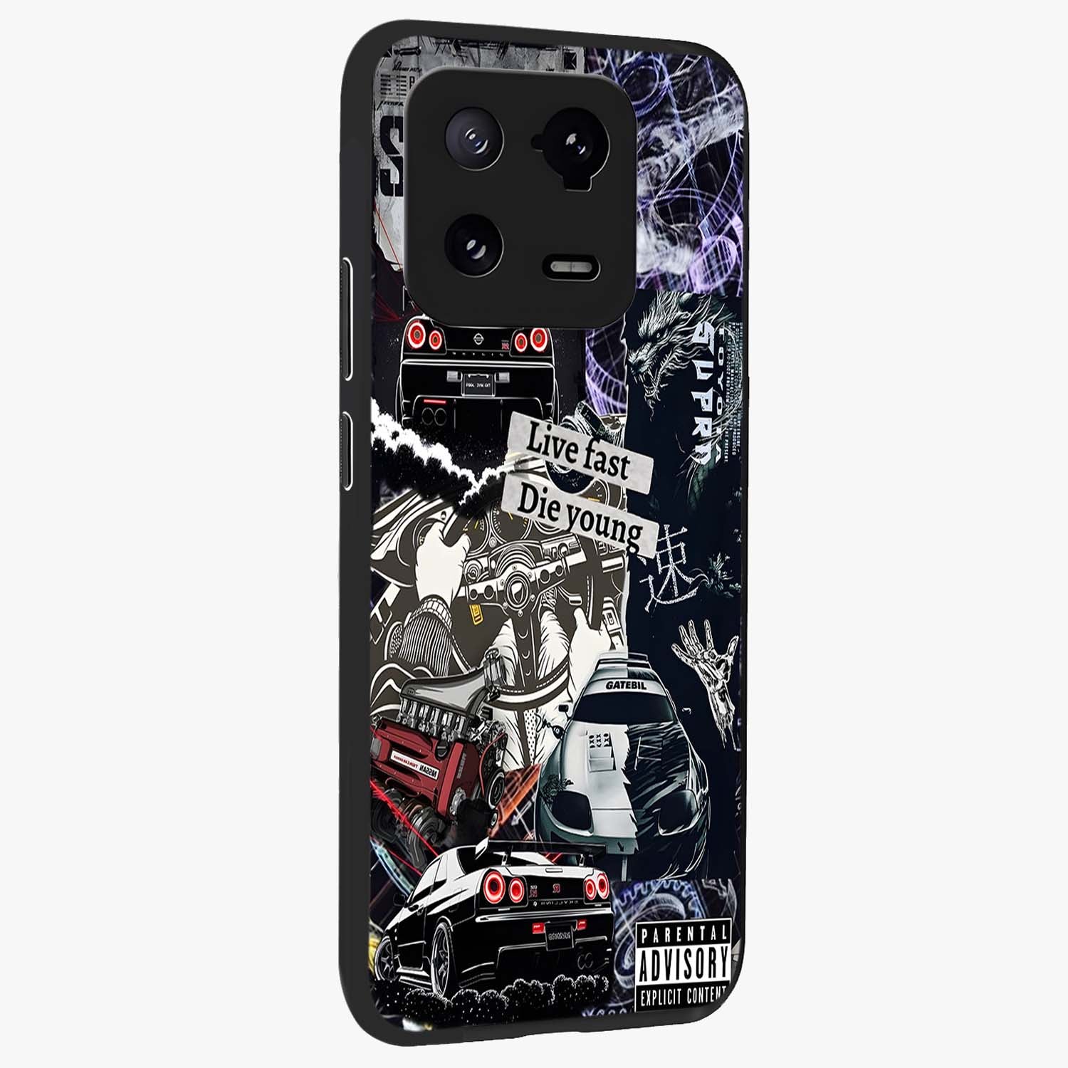 Die Young Glass Case upright view showcasing striking typography artwork with modern statement theme.