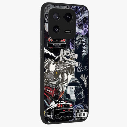 Die Young Glass Case upright view showcasing striking typography artwork with modern statement theme.