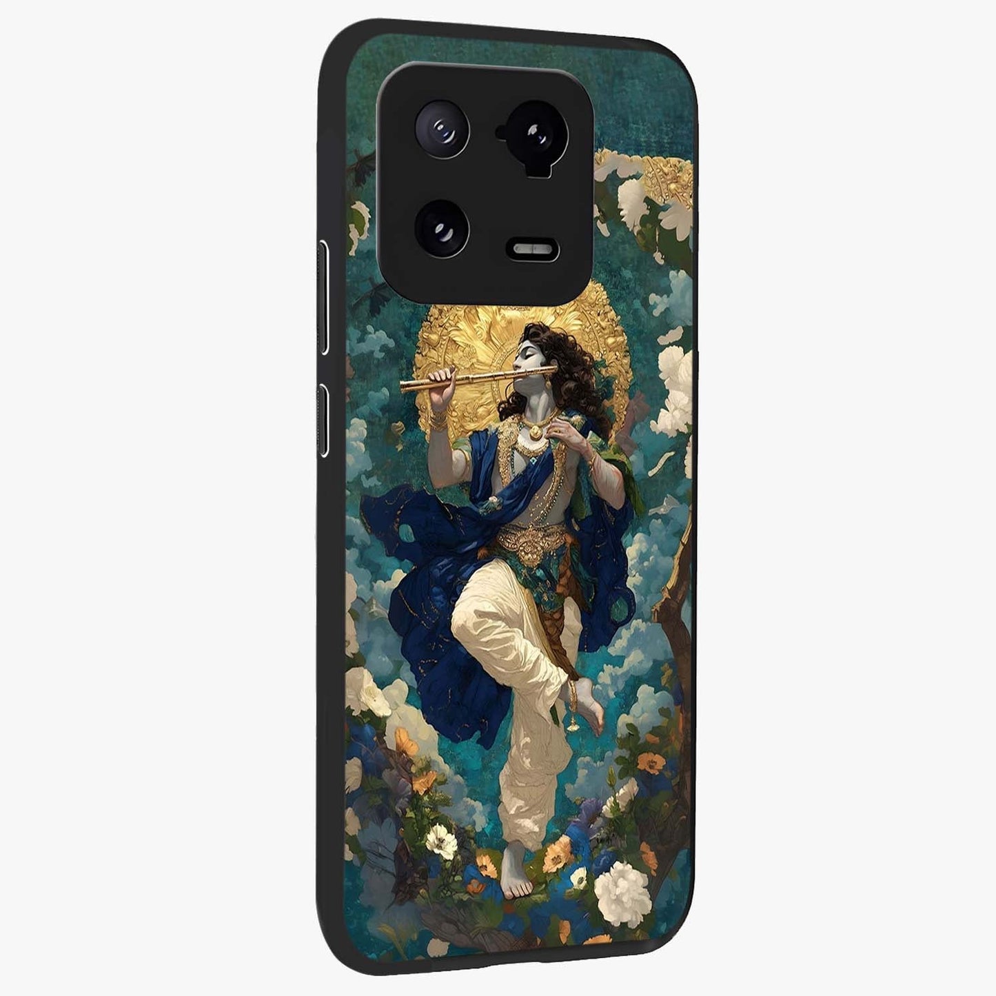 Divine Krishna Art Glass Case upright view showcasing divine Krishna artwork with sacred artistic theme.