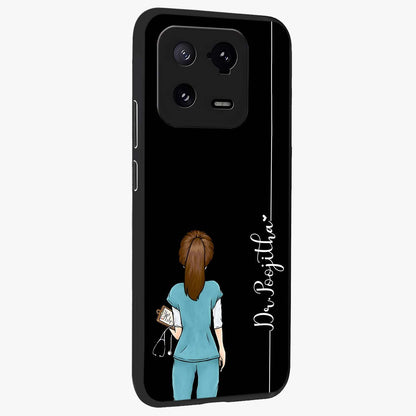 Doctor Pattern Custom Name Glass Case upright view showcasing healthcare themed design with personalized aesthetic.