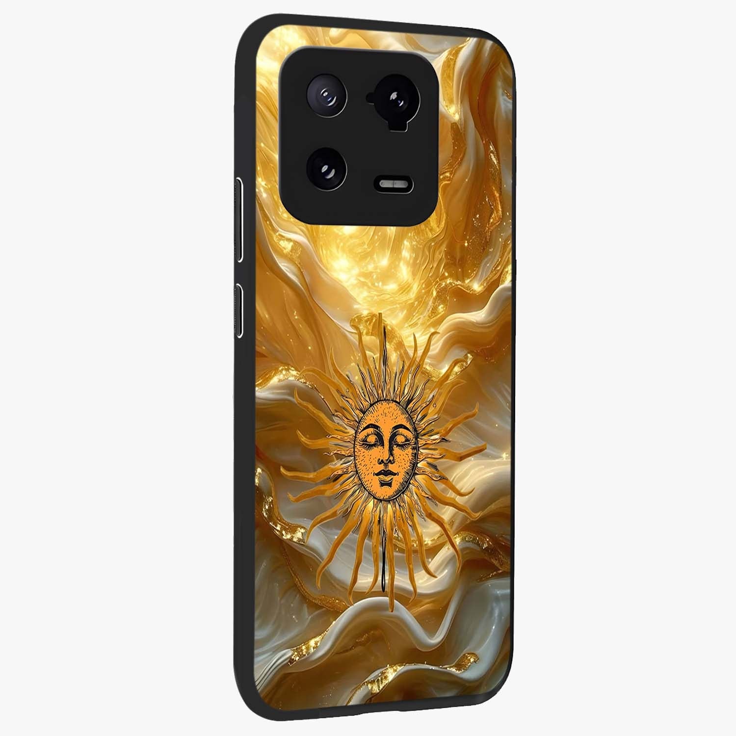 Eternal Golden Glow Glass Case upright view showcasing luminous golden artwork with luxurious visual theme.